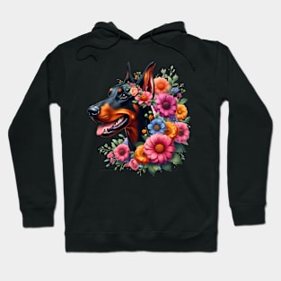 A doberman with beautiful colorful flowers Hoodie